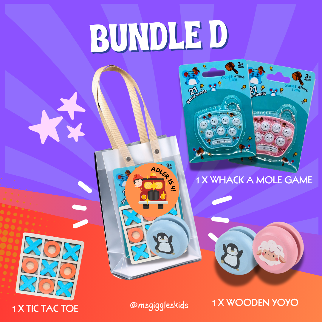 Challenge A Friend Party Pack with Tic Tac Toe, Whack a Mole Game, and Wooden Yoyo in a clear bag.