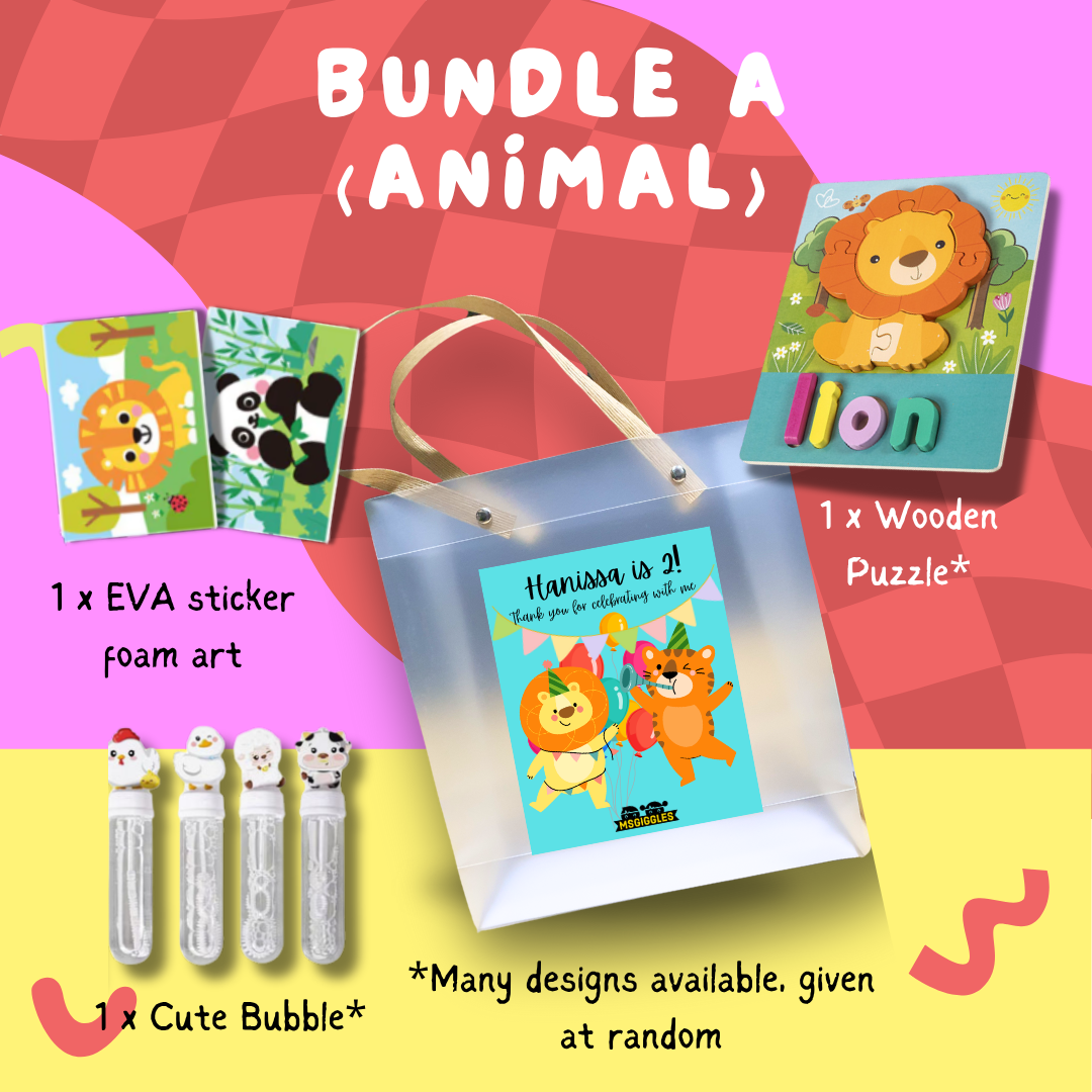 Montessori Puzzle Party Pack animal bundle with wooden lion puzzle, EVA foam stickers, and bubble tubes in a gift bag