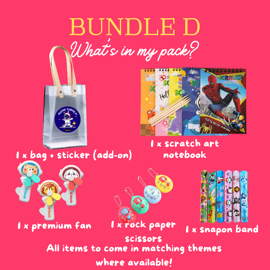 Scratch Art Party Pack with scratch art notebook, premium fan, rock paper scissors, snap-on band, and personalized sticker bag