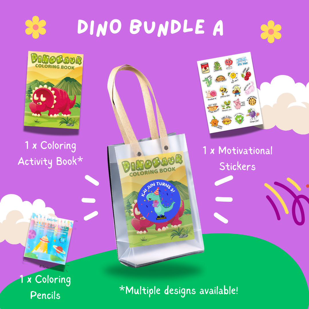 Colorful kids party favor bundle with dinosaur-themed coloring book, stickers, and coloring pencils against a playful purple background.
