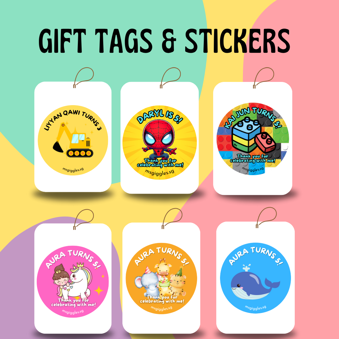 Gift tags and stickers with colorful personalized designs for birthdays and celebrations.