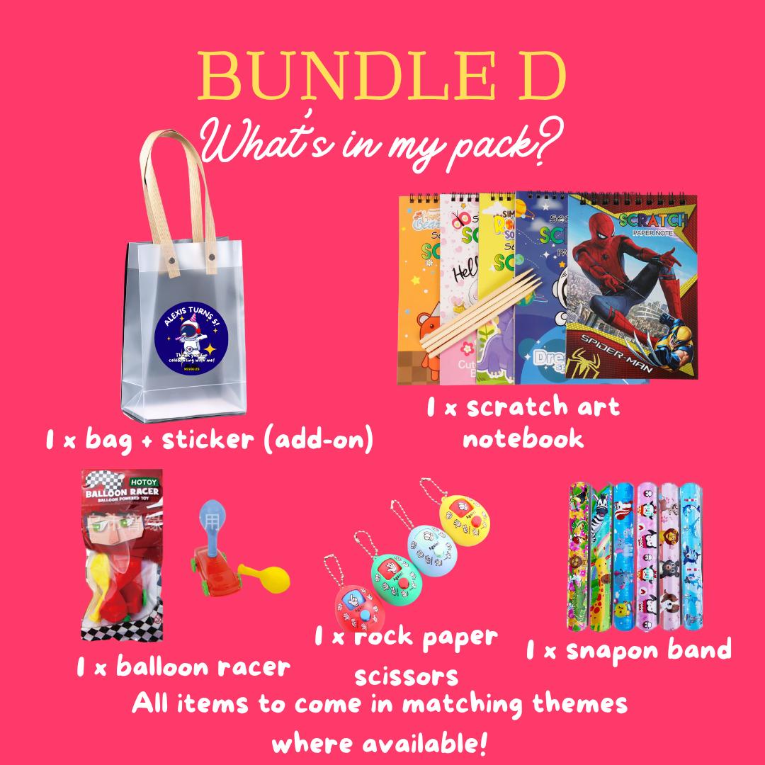 Scratch Art Party Pack including a goodie bag with personalized sticker, scratch art notebook, balloon racer, rock paper scissors toy, and snap-on bands in matching themes for kids parties.