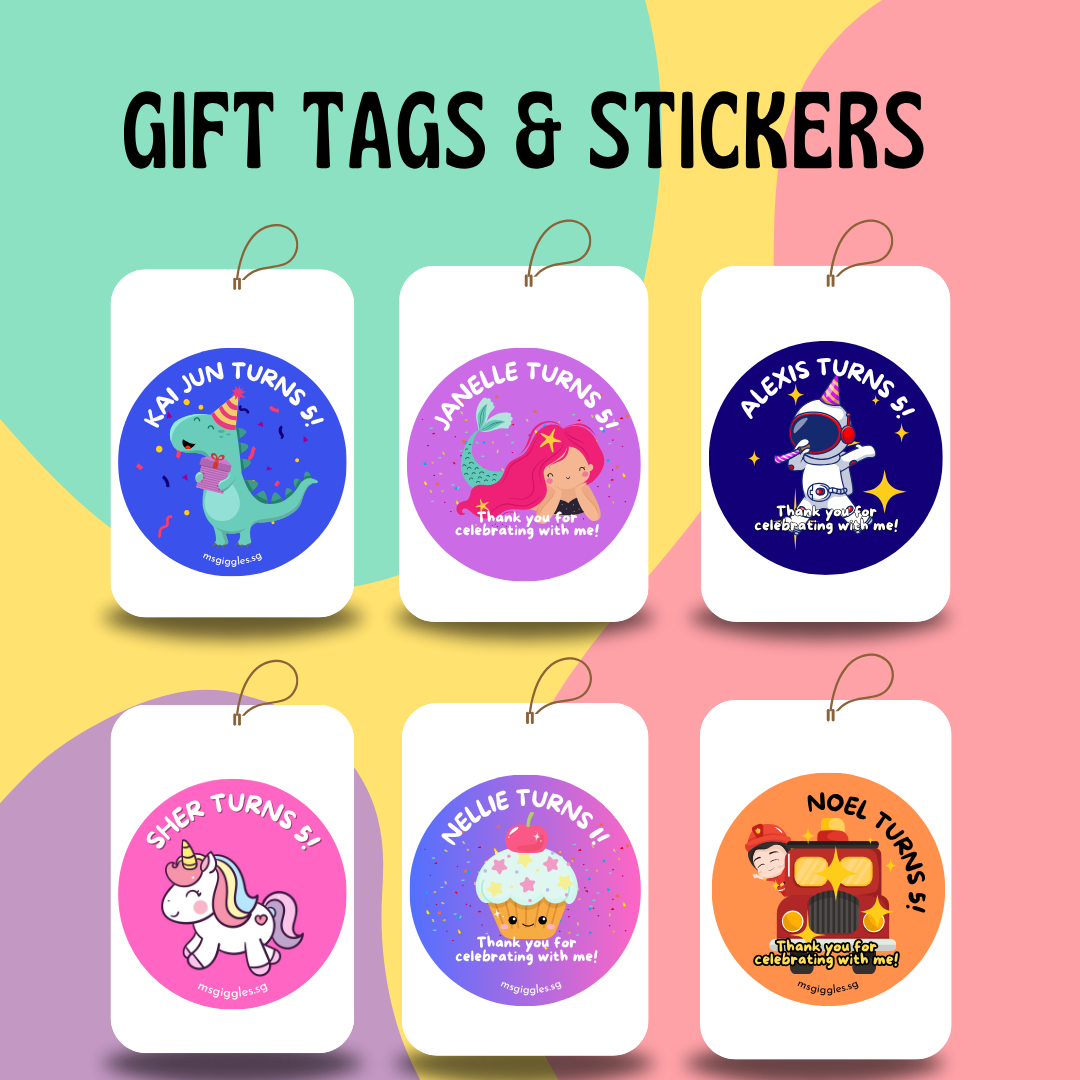 Gift tags and stickers with personalized messages and colorful designs, featuring MsGiggles logo.