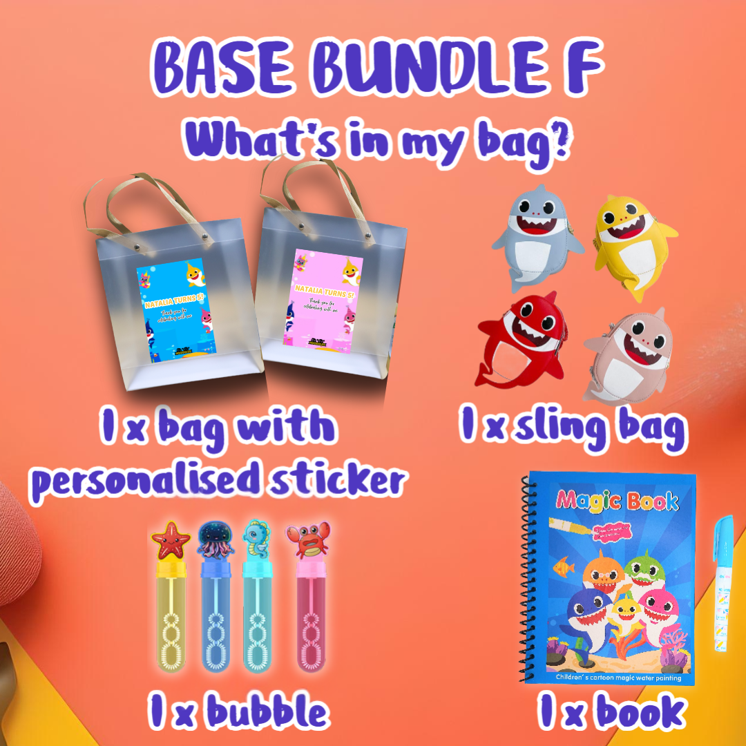 Baby Shark inspired goodie bag bundle with personalized sticker, shark sling bag, bubbles, and magic water coloring book for kids parties