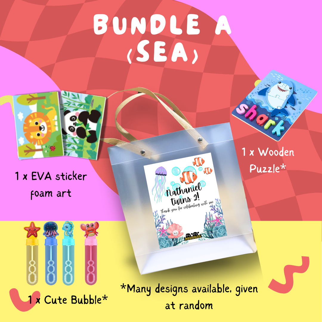 Montessori Puzzle Party Pack sea-themed kids goodie bag with wooden puzzle, EVA sticker foam art, bubbles, and customizable packaging