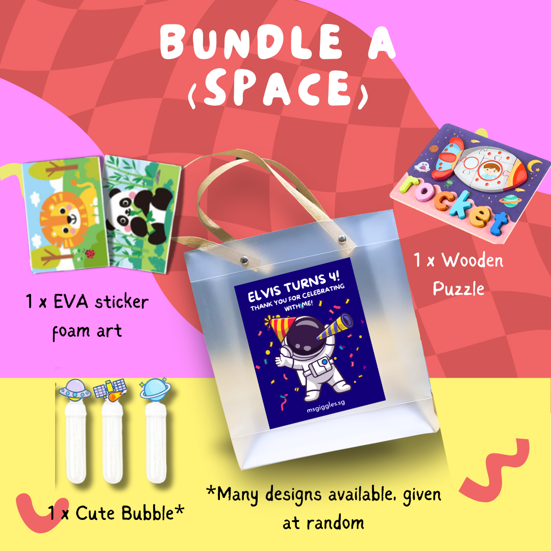 Montessori Puzzle Party Pack with wooden puzzle, EVA sticker foam art, cute bubbles, and customizable space-themed goodie bag.