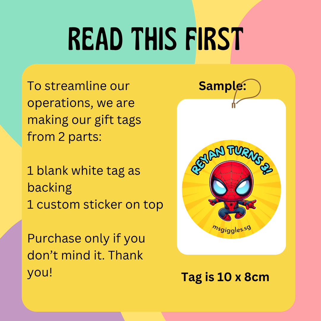 Gift tags and stickers with customizable messages, 250gsm glossy cardstock, featuring a cartoon superhero design.