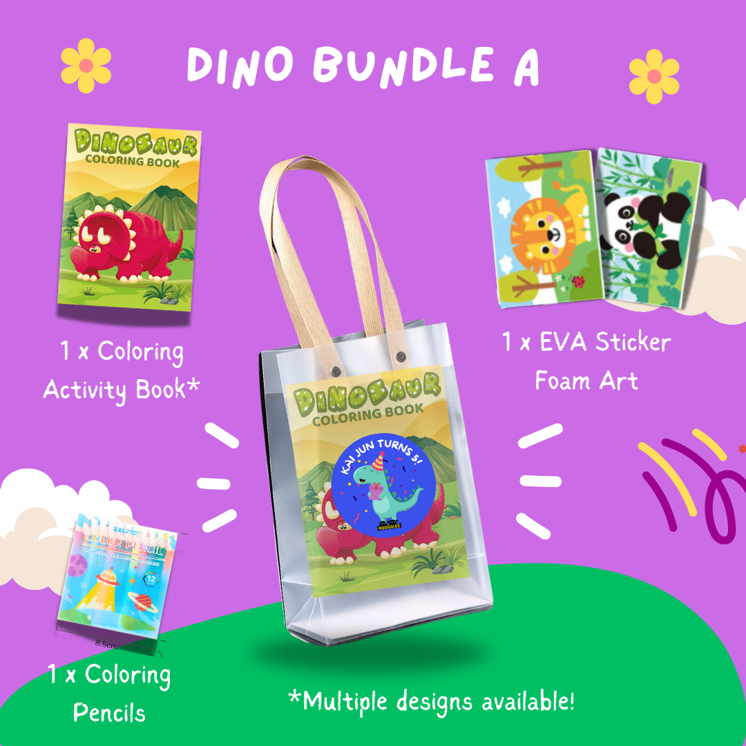 Fun with Colors Dino Bundle A kids coloring activity book, pencils, and EVA sticker foam art in clear goodie bag