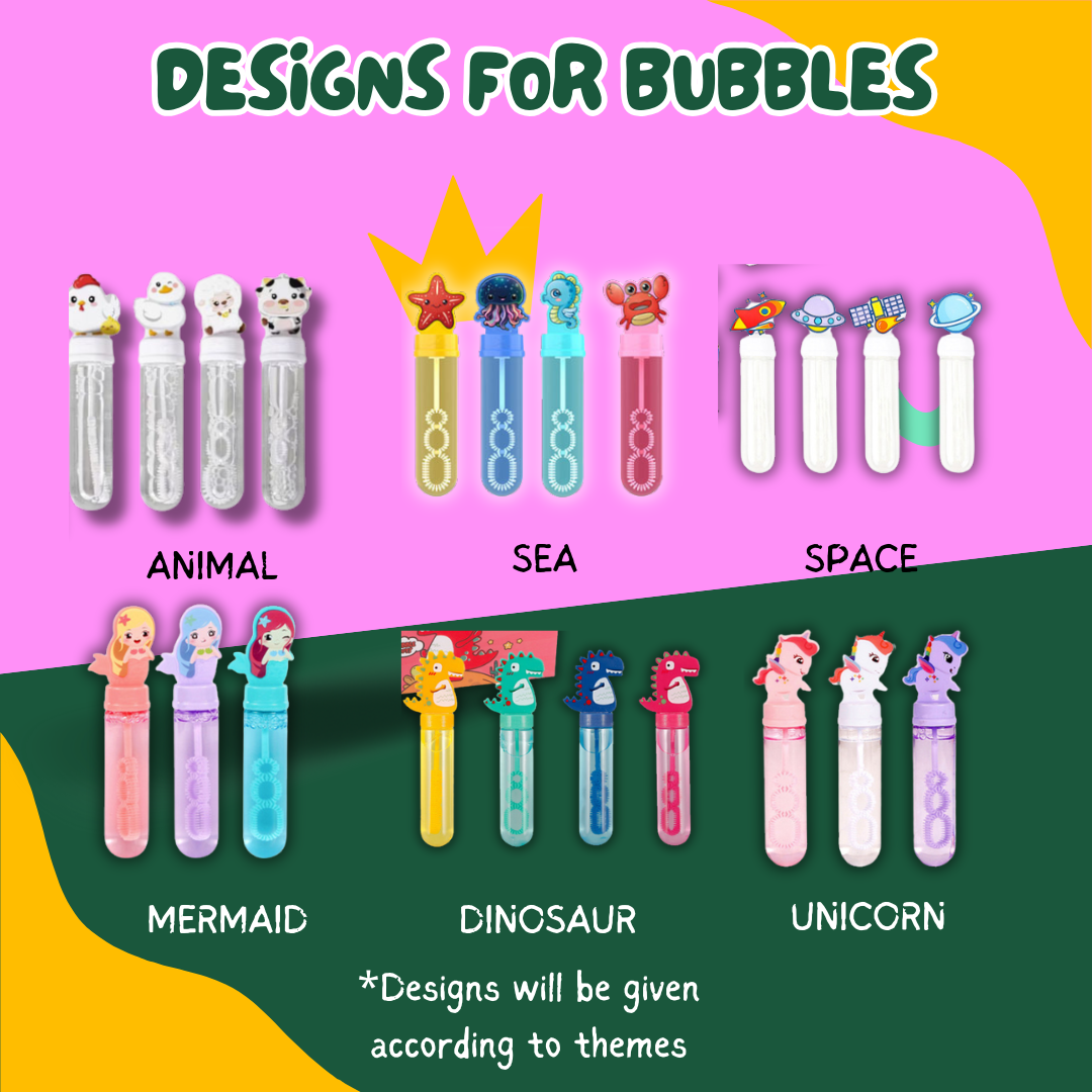 Colorful themed bubble bottles with animal, sea, space, mermaid, dinosaur, and unicorn designs for kids goodie bags