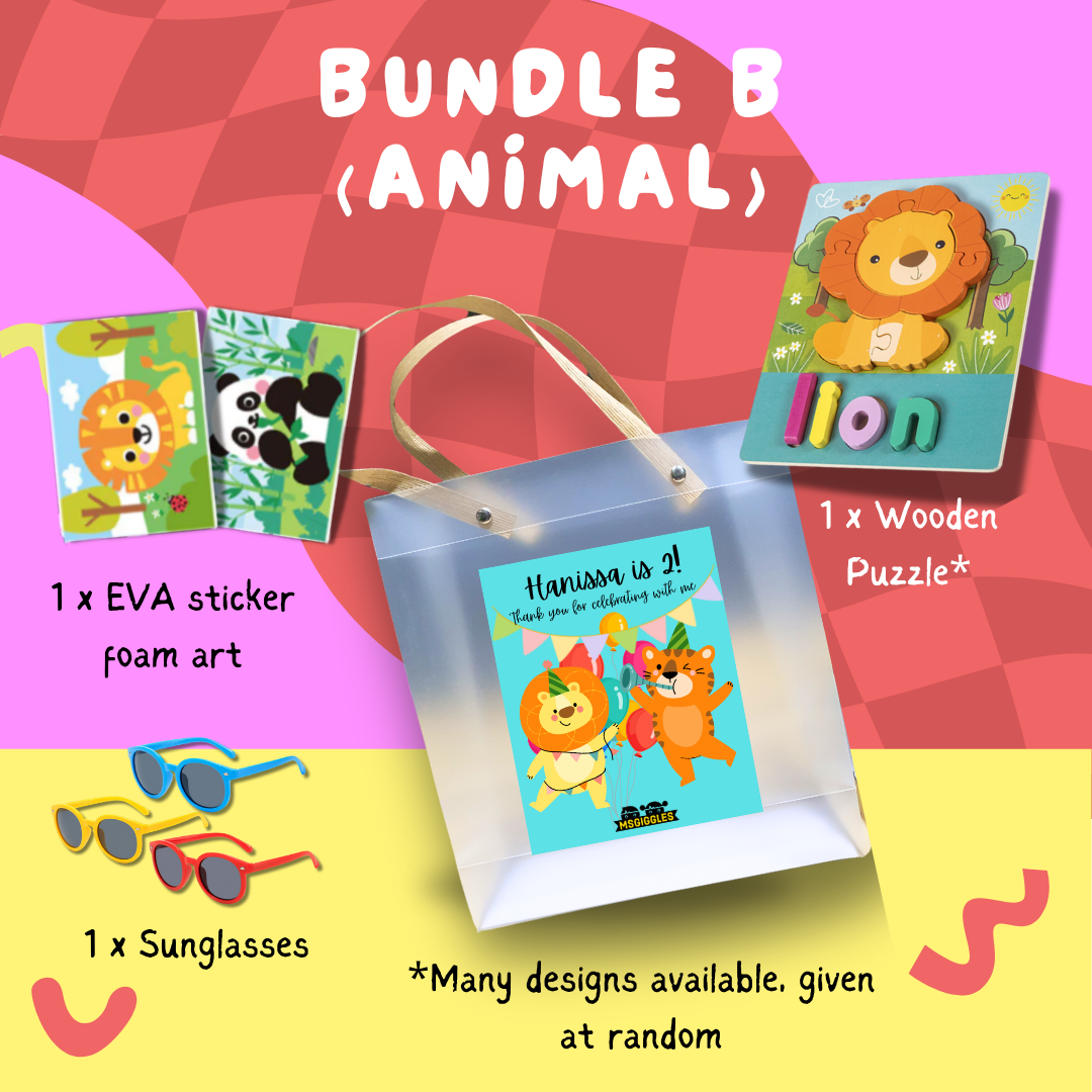 Montessori Puzzle Party Pack with wooden animal puzzle, EVA sticker foam art, sunglasses, and personalized goodie bag for kids parties.
