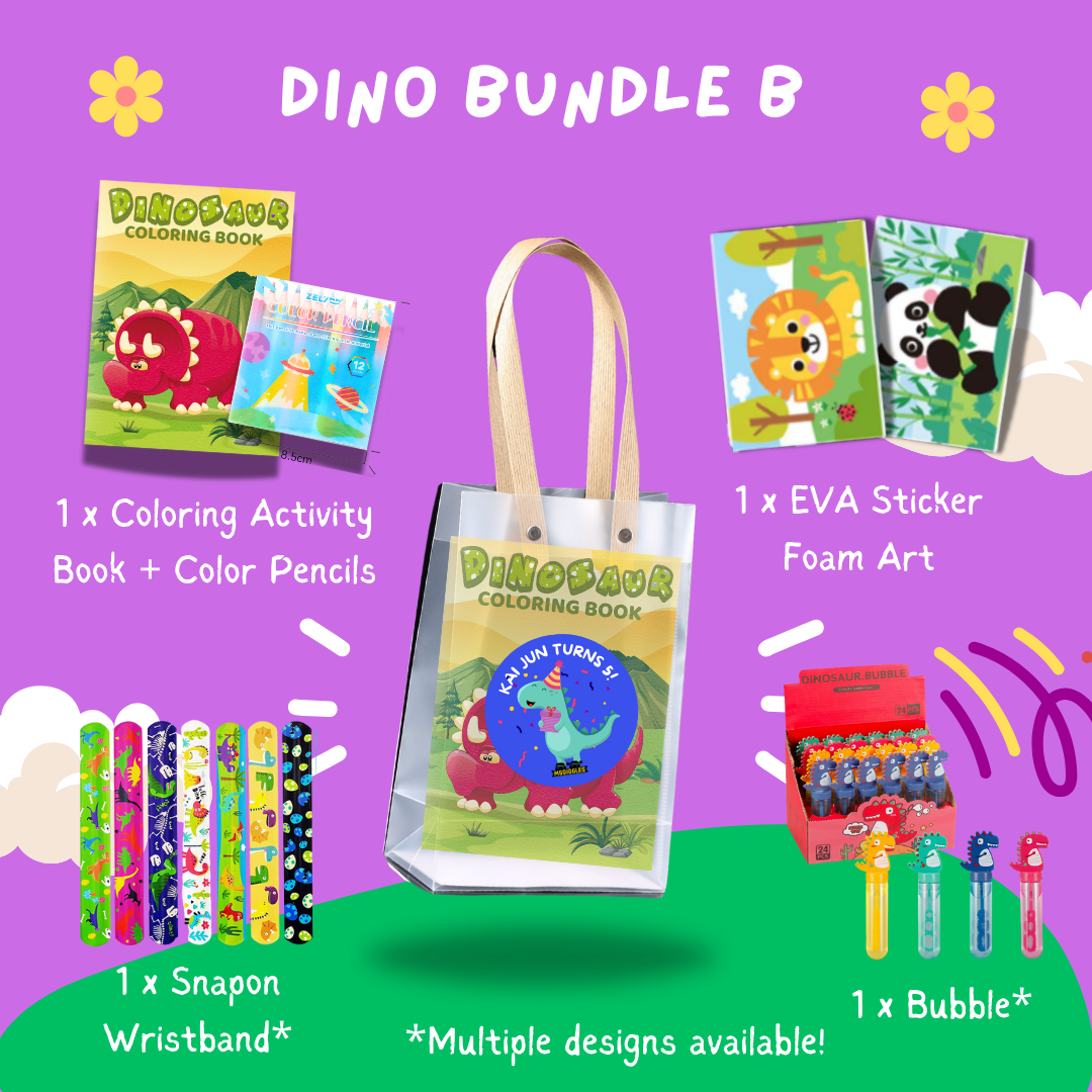 Fun with Colors Dino Bundle B kids party goodie bag with coloring book, color pencils, EVA foam stickers, snap-on wristband, and bubble wand