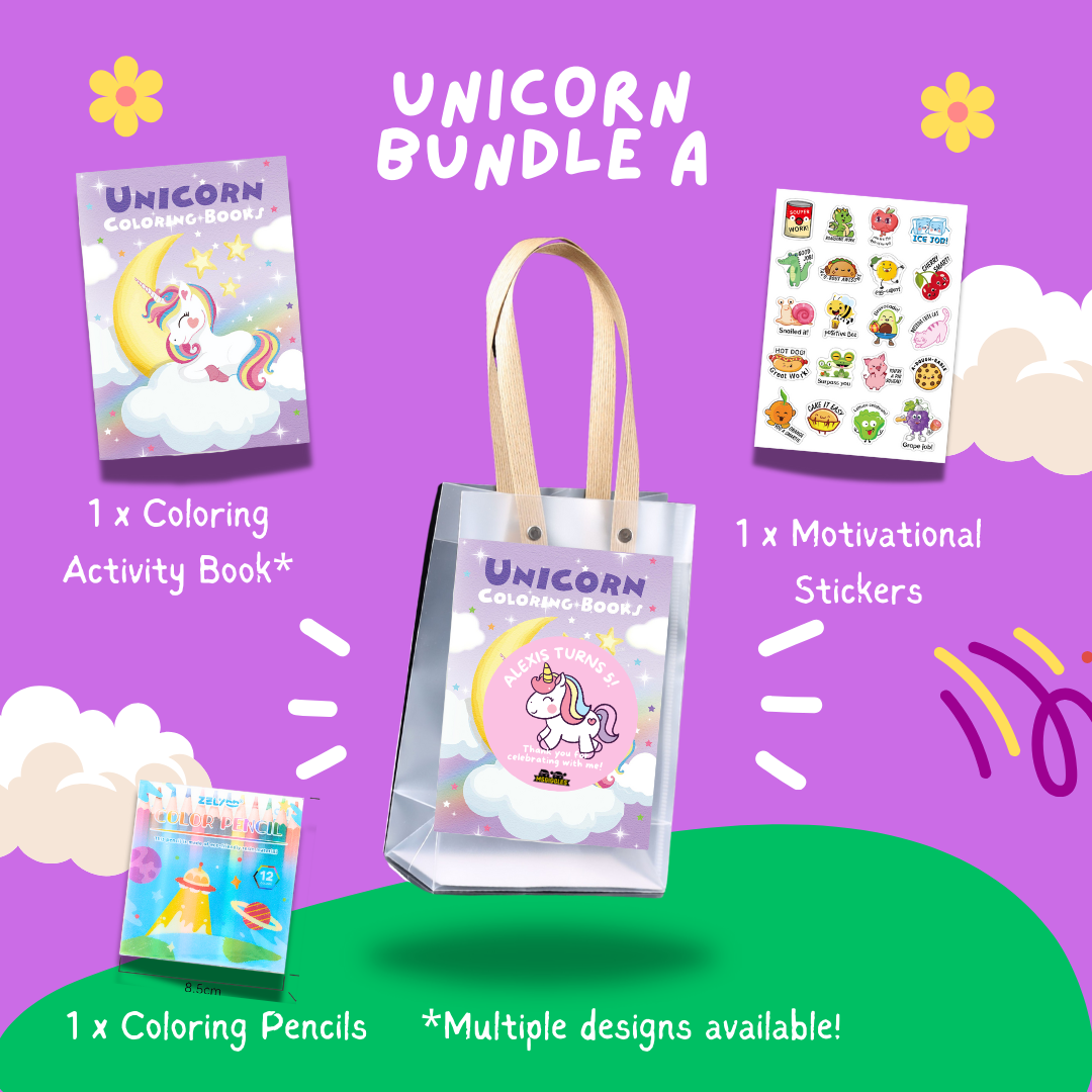 Unicorn-themed kids party pack with coloring book, pencils, and stickers.
