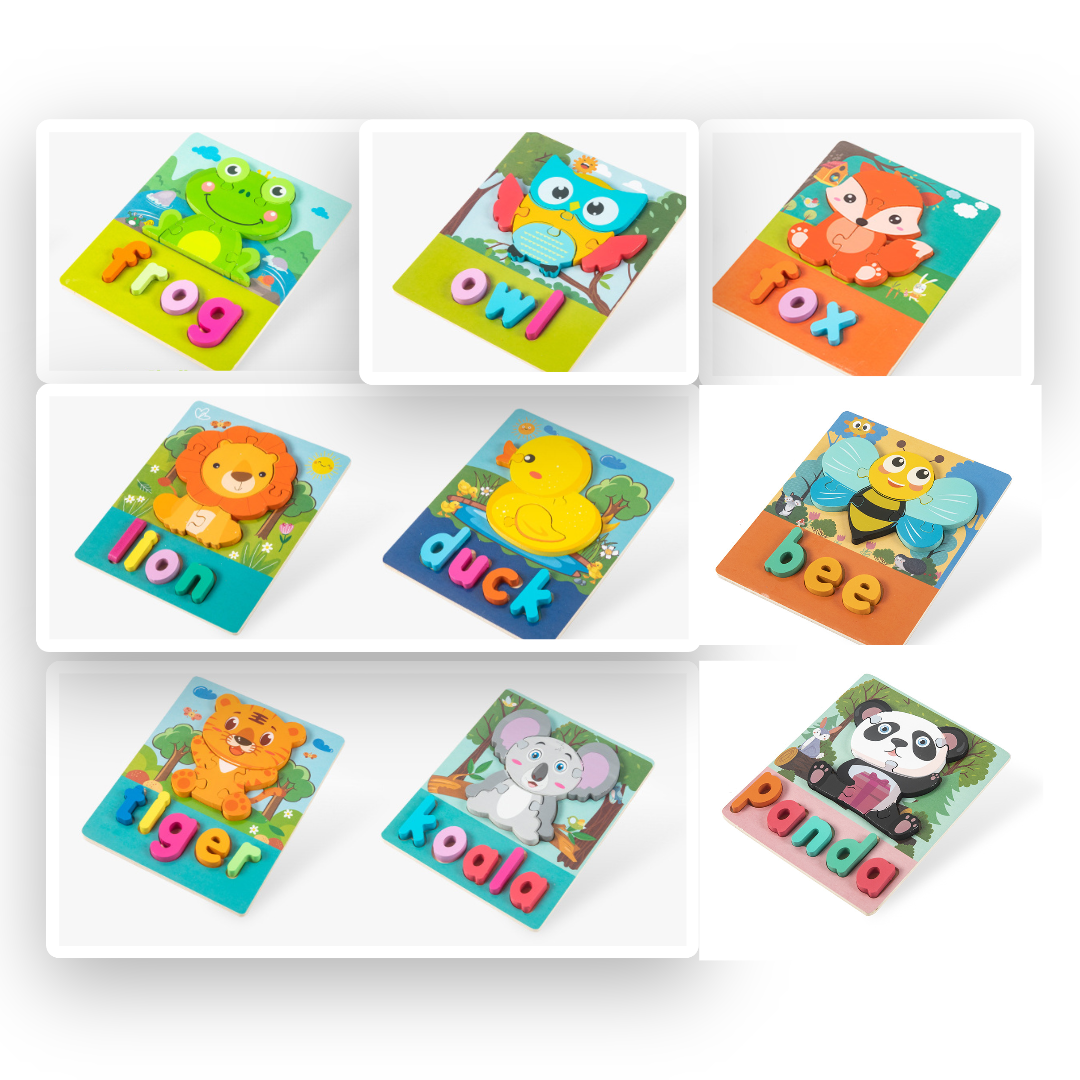 Montessori wooden puzzle toy with colorful alphabet letters and animal designs for toddlers.