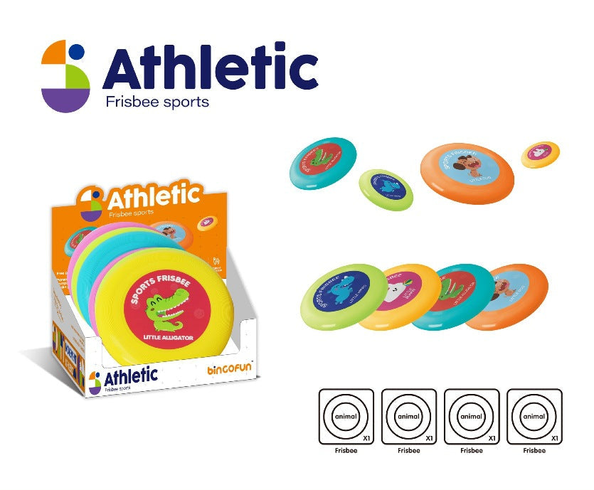 Athletic Frisbee sports packaging with colorful frisbees on a white background