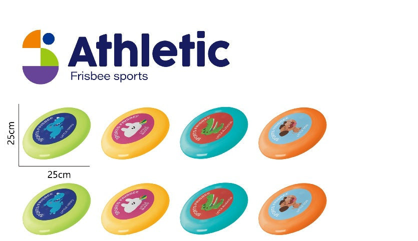Colorful frisbees with animal designs on a white background, branded &#39;Athletic&#39;.