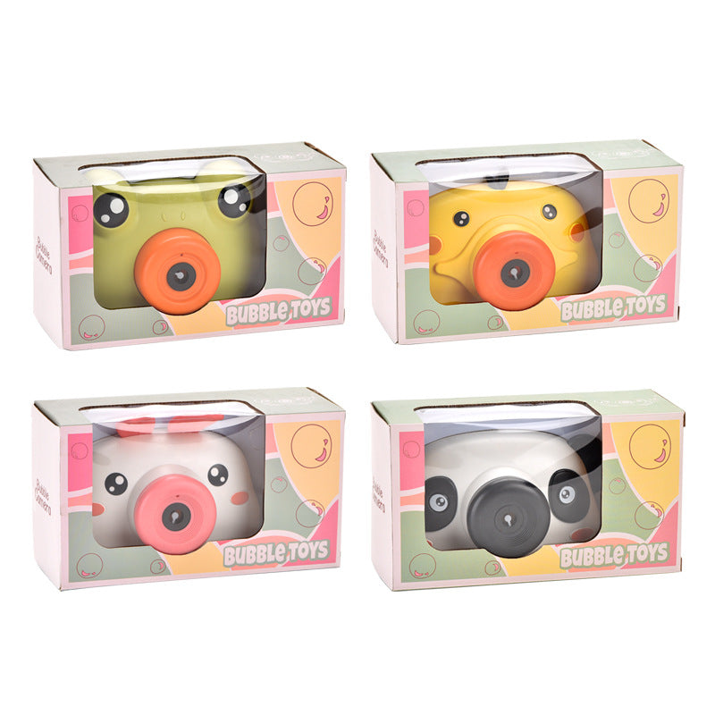 Assorted Cute Bubble Cameras in animal designs including frog, duck, rabbit, and panda for kids' bubble play toys in packaging