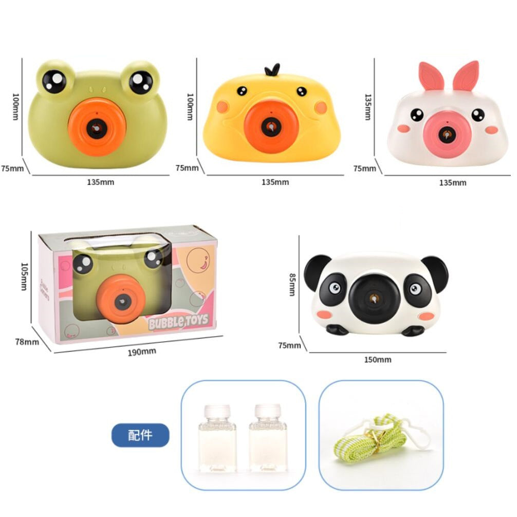 Cute Bubble Camera toys in assorted animal designs including frog, chick, rabbit, and panda with bubble solution bottles and strap, perfect for kids' parties and outdoor play.