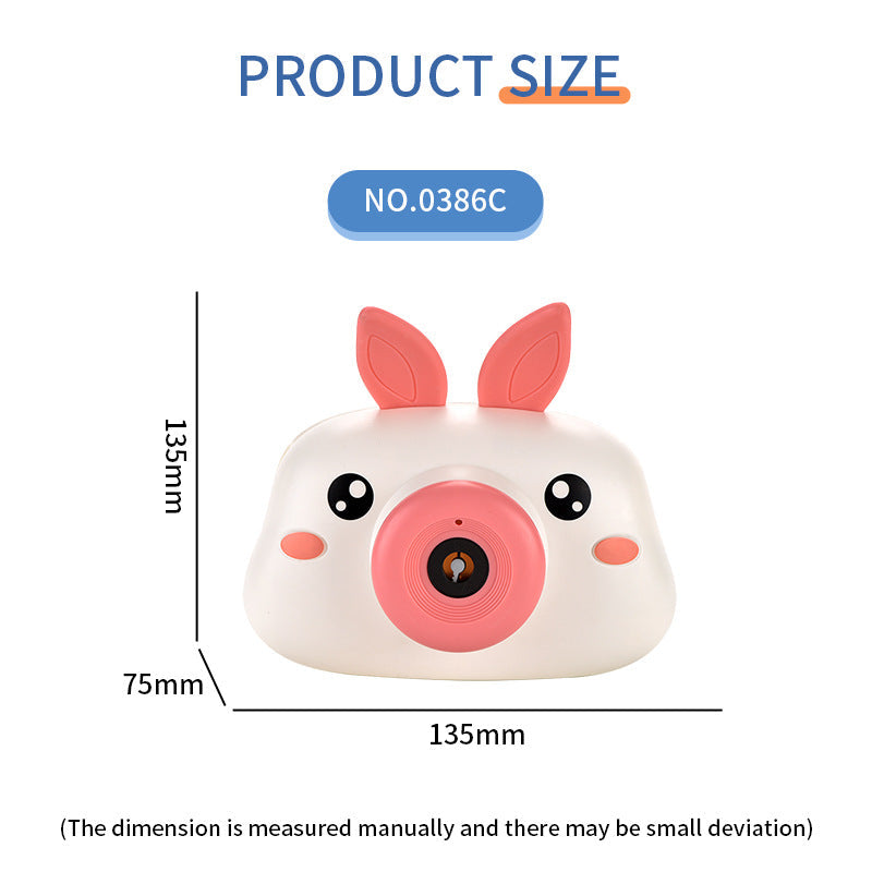 Cute Bubble Camera in rabbit design with pink ears and bubble-blowing lens, 135mm by 75mm by 135mm size