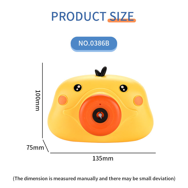 Yellow cute bubble camera toy with duck face design and dimensions shown