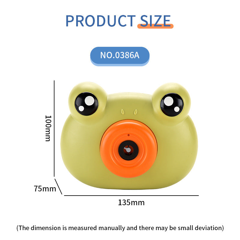 Cute Bubble Camera frog design with orange bubble blower and dimensions shown
