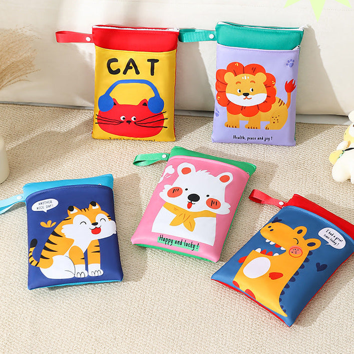 Cute diaper bag with colorful animal illustration and multiple compartments