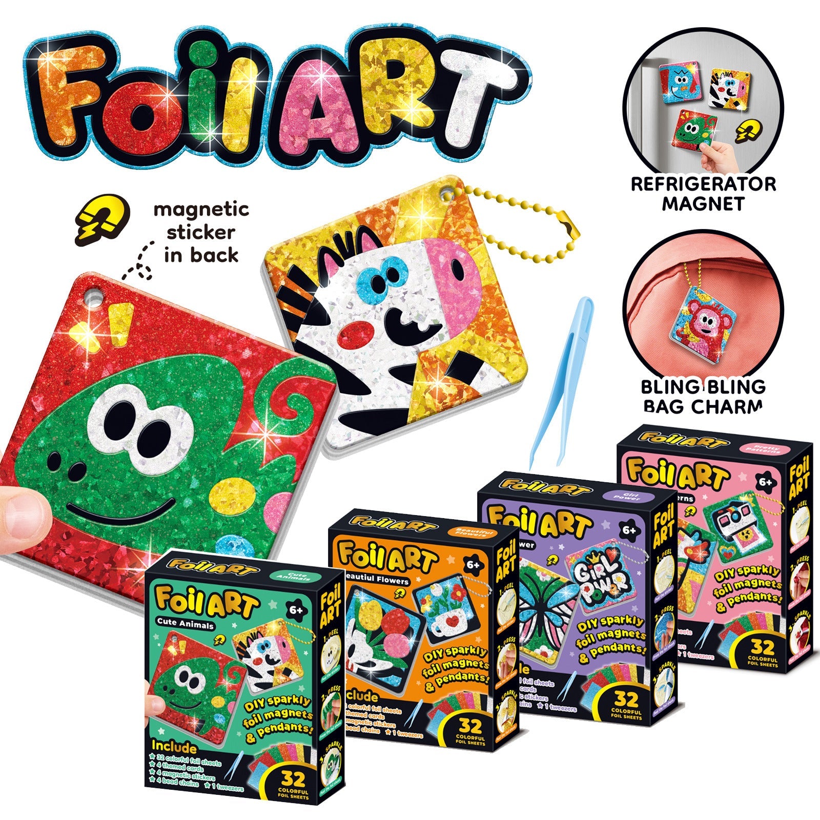 Foil Art Keychain Kit with colorful foil sheets, magnetic stickers, and themed cards for kids' creative craft activities
