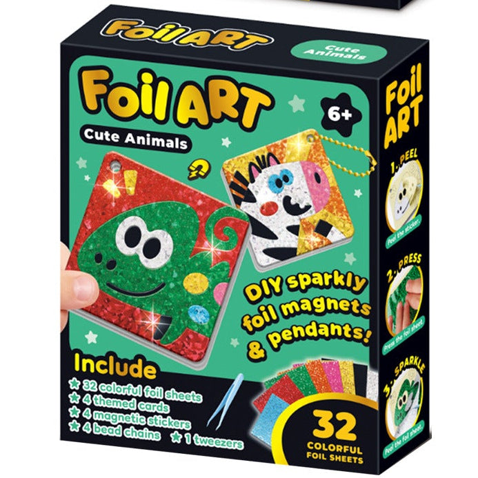 Foil Art Keychain Kit with colorful foil sheets, magnetic stickers, and themed cards for creative children's DIY crafts