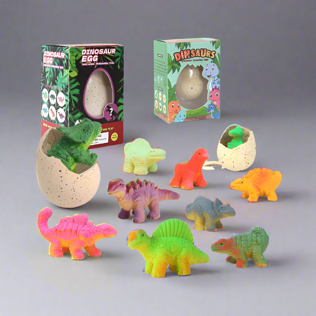 Grow-A-Dino toy set with dinosaur eggs hatching colorful baby dinos for kids aged 3 and above