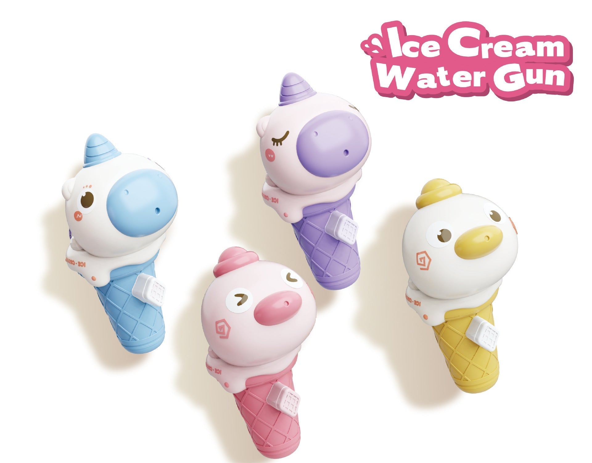 Assorted colorful ice cream water guns in unicorn and duck designs for kids' outdoor play and party favors
