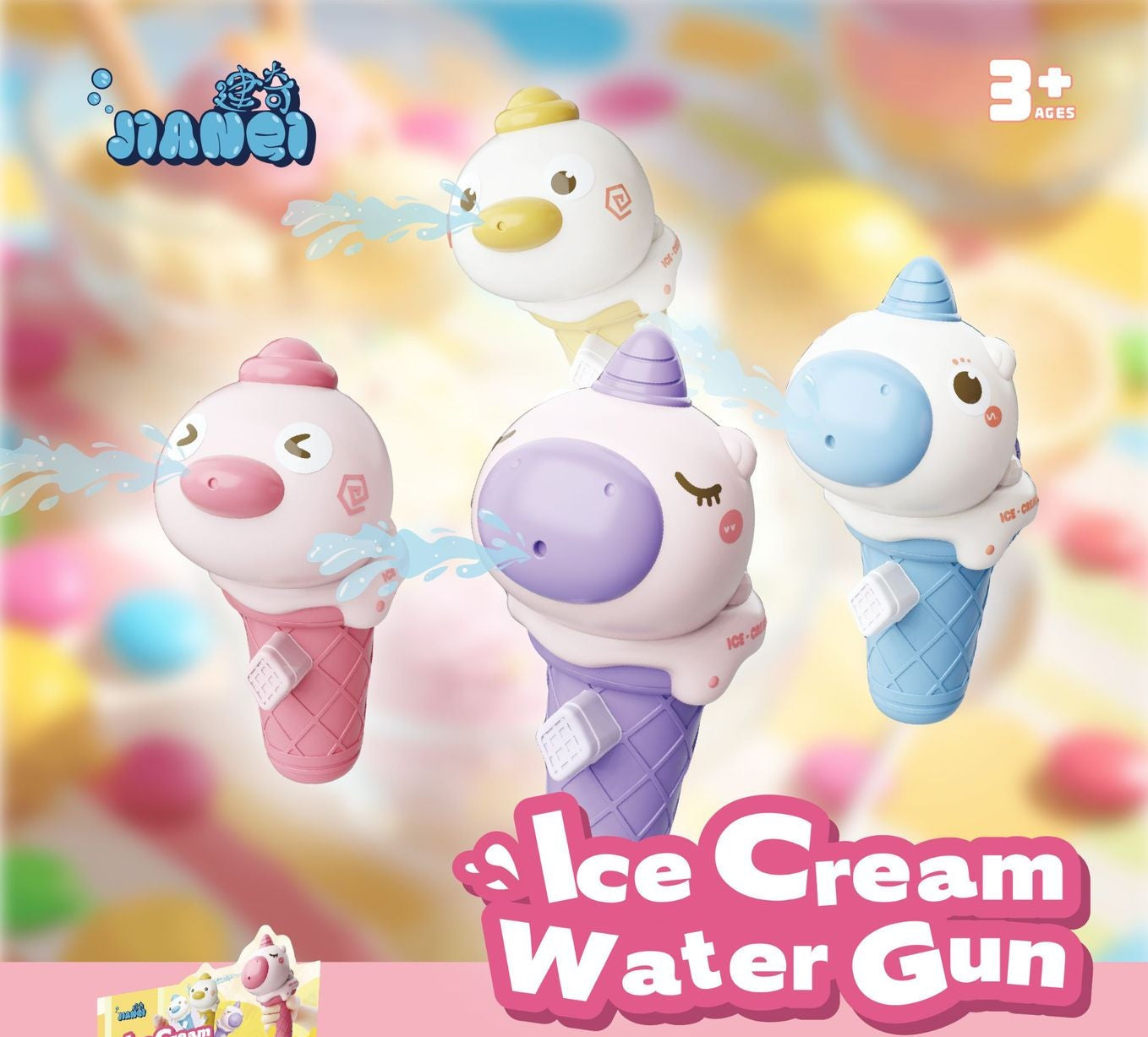 Assorted colorful ice cream cone water guns in unicorn and duck designs for kids' outdoor fun and parties