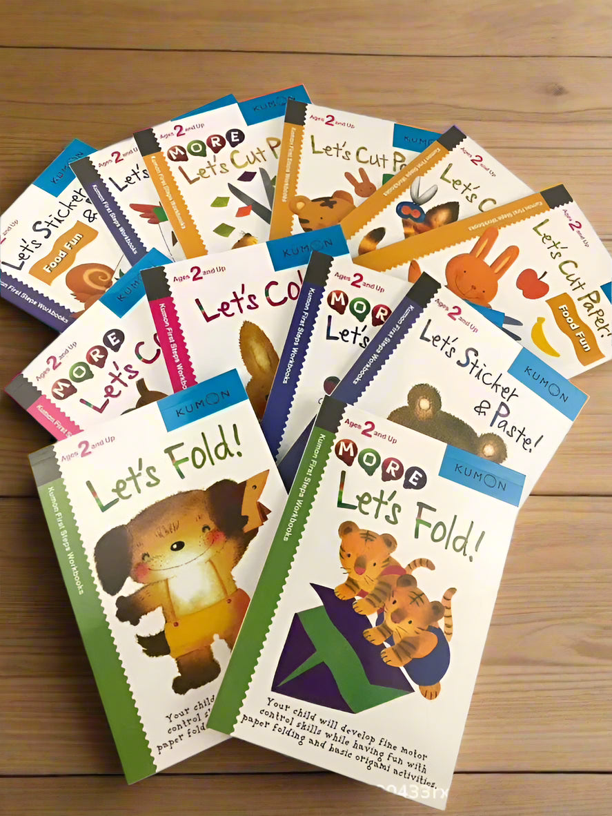 Kumon First Steps Activity Workbook collection with colorful covers featuring themes like cutting, stickering, pasting, folding, and coloring activities for toddlers.