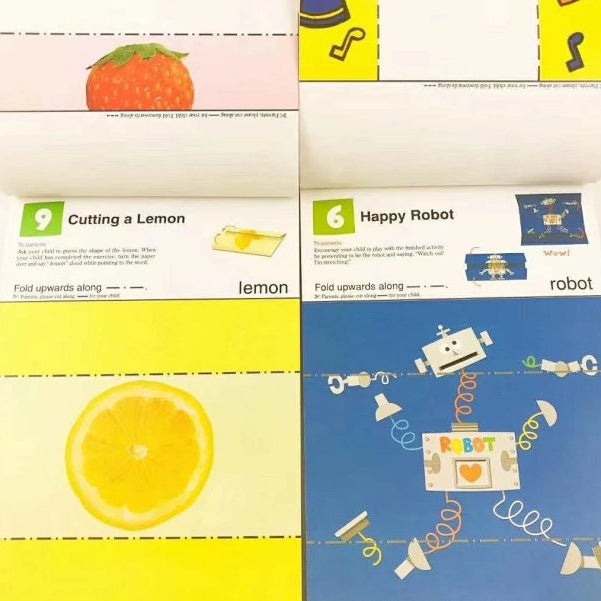 Kumon First Steps Activity Workbook with colorful sticker, cutting, and folding activities for toddlers.