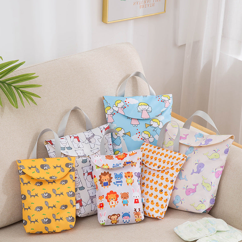Large Wet Bag with Carry-on Handle in assorted patterns, ideal for diapers, toys, and swimming essentials.