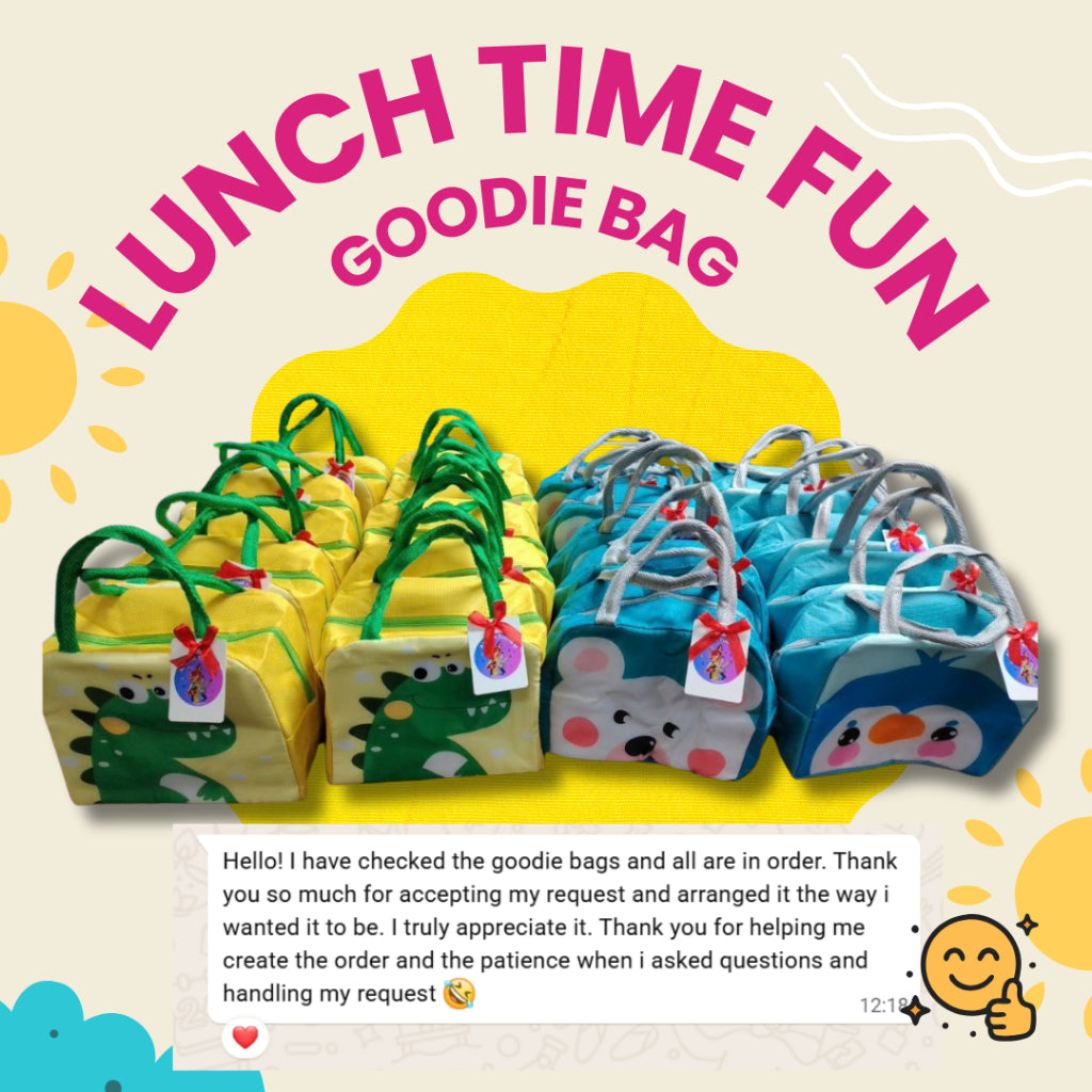 Colorful Lunch Time Fun Goodie Bag party pack with durable, cute lunch bags for kids and family