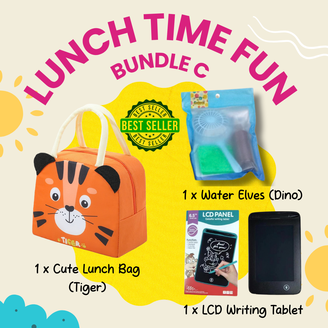 Colorful Lunch Time Fun Goodie Bag party pack with durable kids' lunch boxes and snack compartments