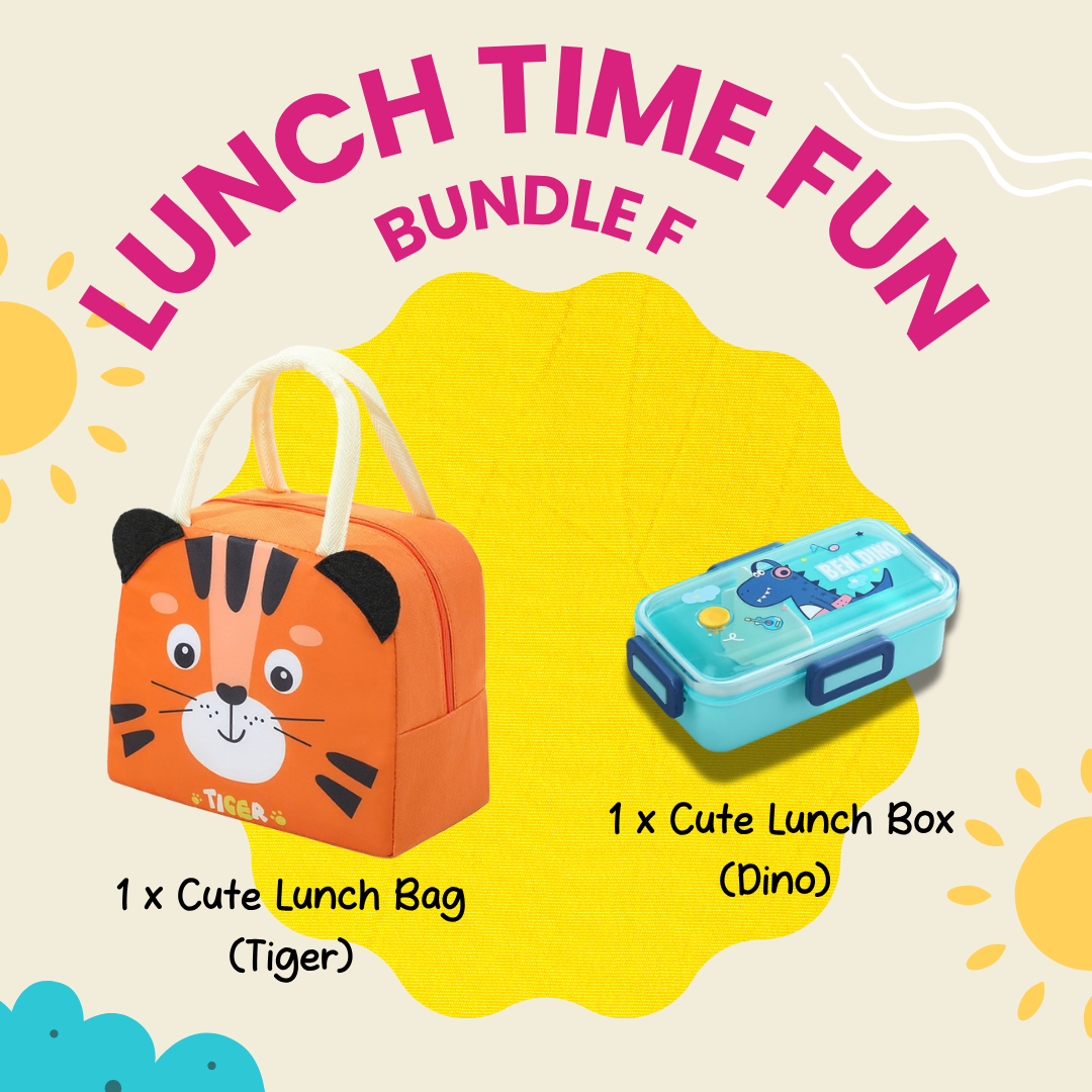 Colorful Lunch Time Fun Goodie Bag party pack with kids' lunch boxes and snacks