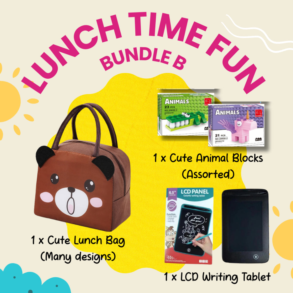 Lunch Time Fun Goodie Bag party pack with cute, durable kids' lunch boxes in various designs