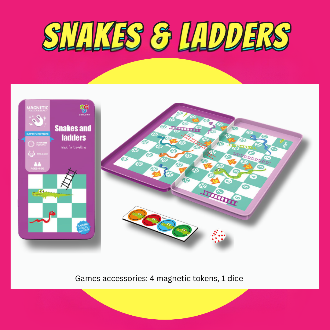 Magnetic Board Game Snakes and Ladders travel set with 4 magnetic tokens and dice in purple case