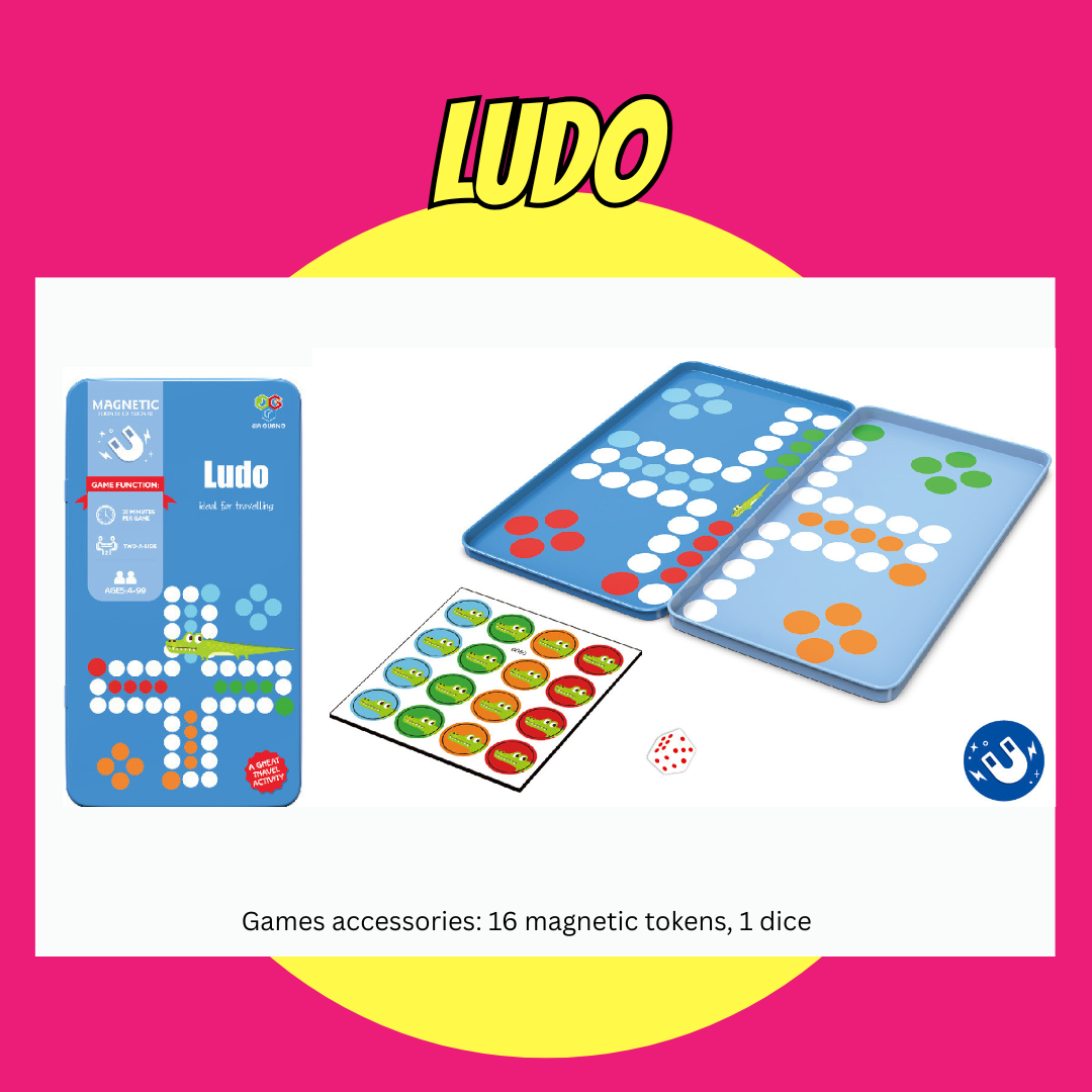 Magnetic travel board game set with Snakes & Ladders, Ludo, and Hangman ideal for kids birthday goodie bags