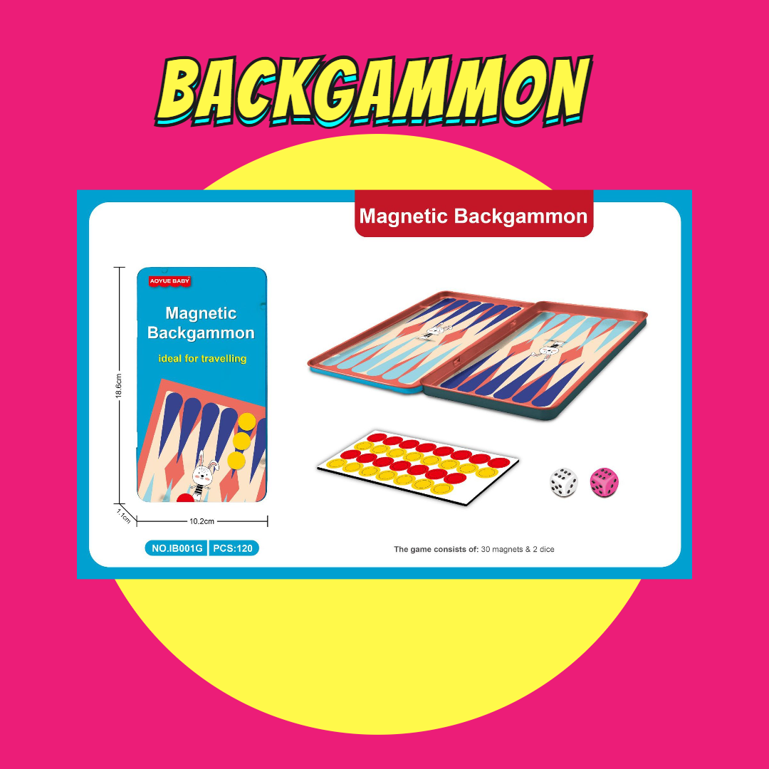 Magnetic board game set with Backgammon, ideal for traveling and birthday goodie bags.