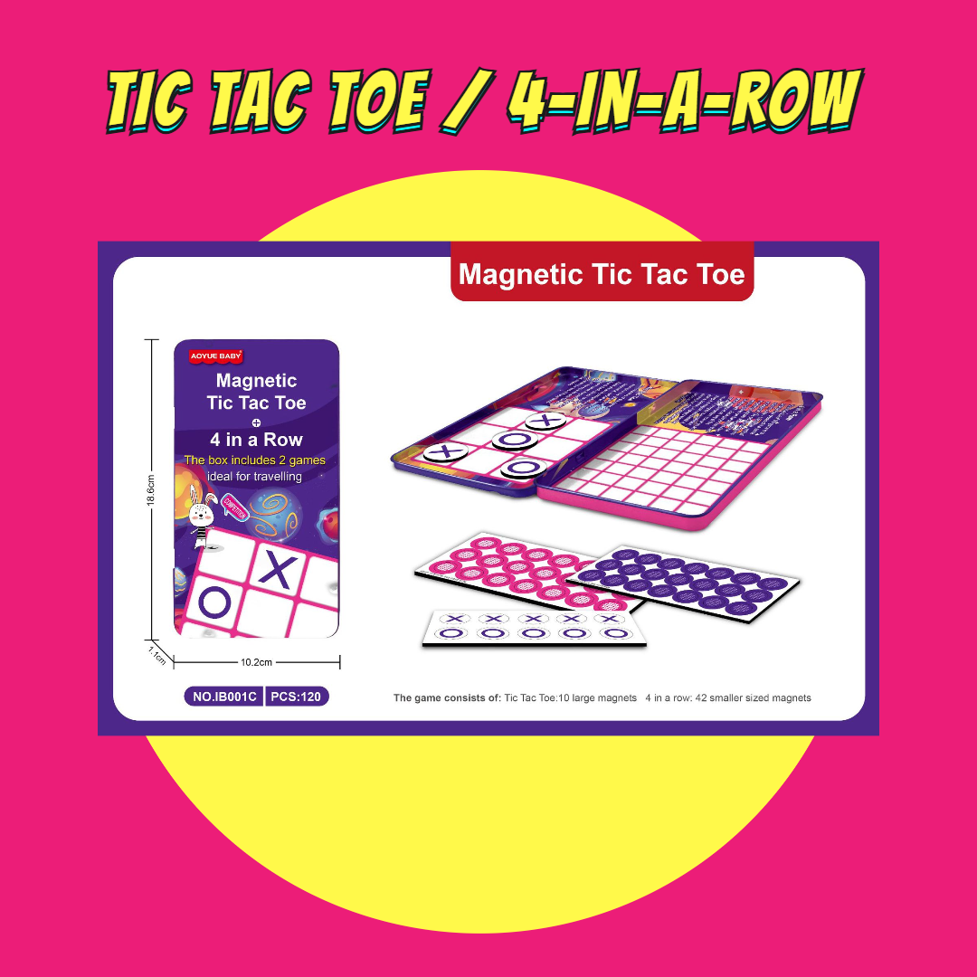 Magnetic board game set featuring Tic Tac Toe and 4-in-a-Row for kids' travel and parties.