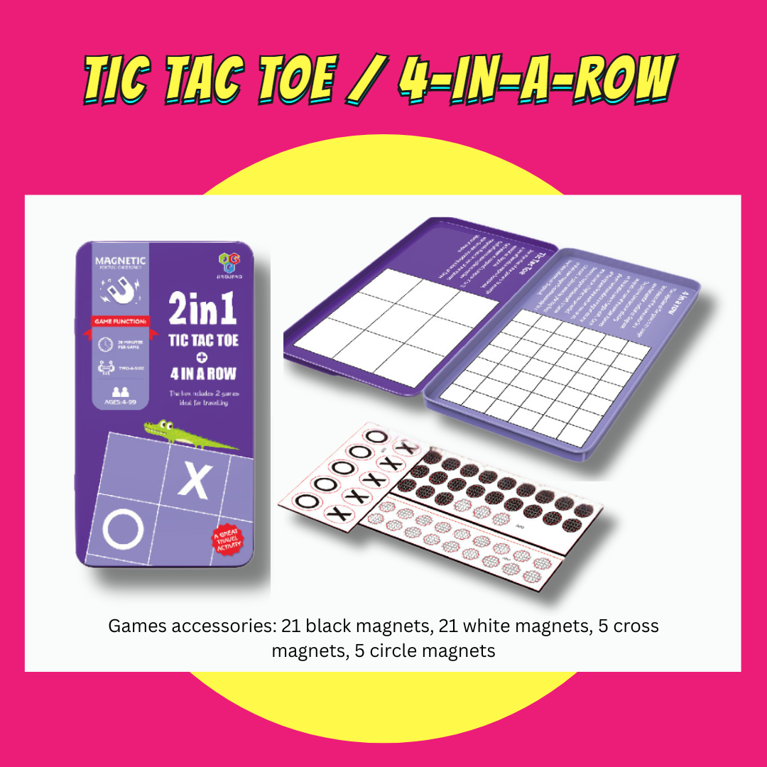 Compact magnetic board game set featuring Tic Tac Toe and 4-in-a-Row with magnetic pieces for travel and kids' parties.