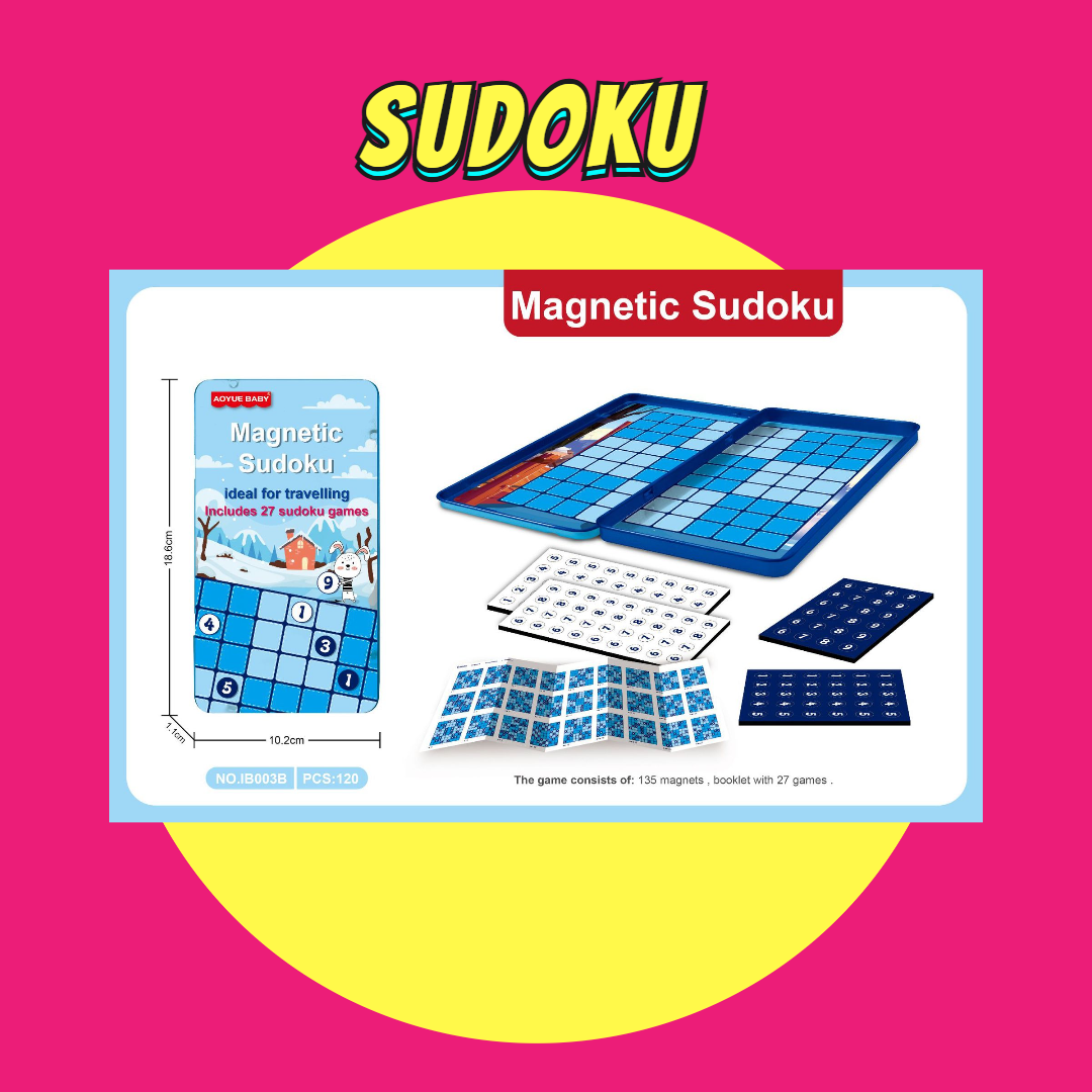 Magnetic Sudoku travel board game set with grid, magnets, and booklet for easy portability and fun gameplay.