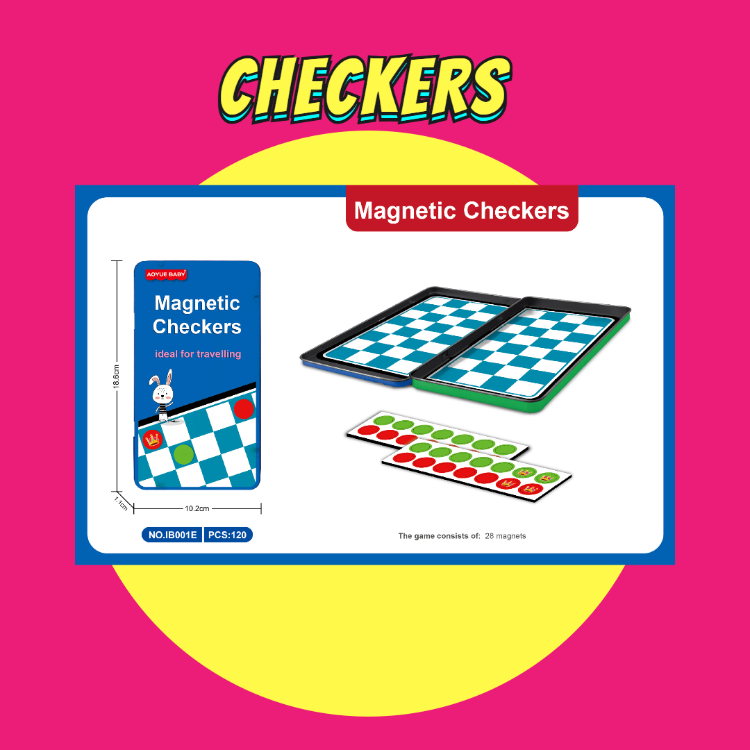 Magnetic board game set for kids' birthday goodie bag, featuring portable checkers with magnetic pieces.