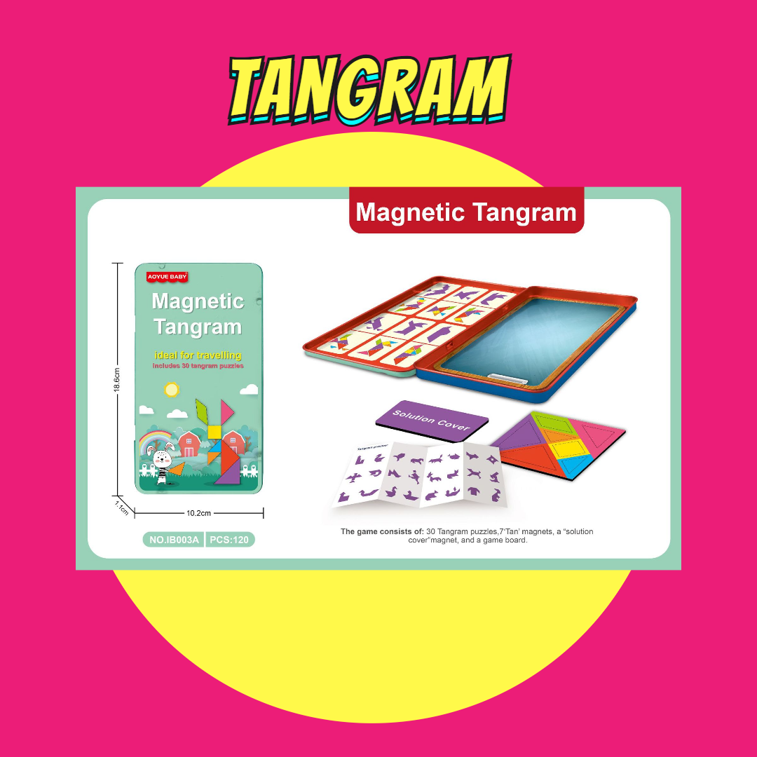 Magnetic travel board game set with tangram puzzles and compact design.