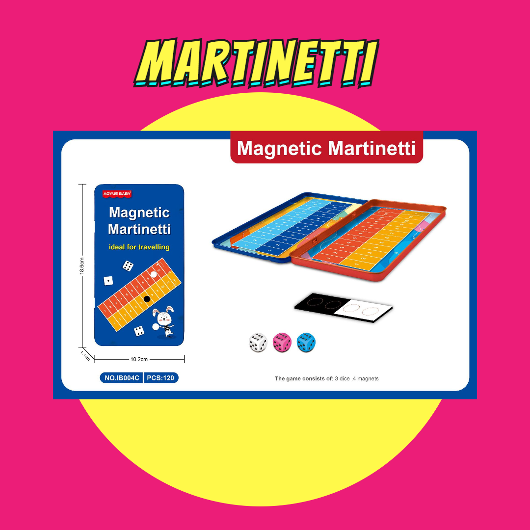 Magnetic board game set with colorful boards and dice, ideal for kids' birthday goodie bags and travel entertainment.