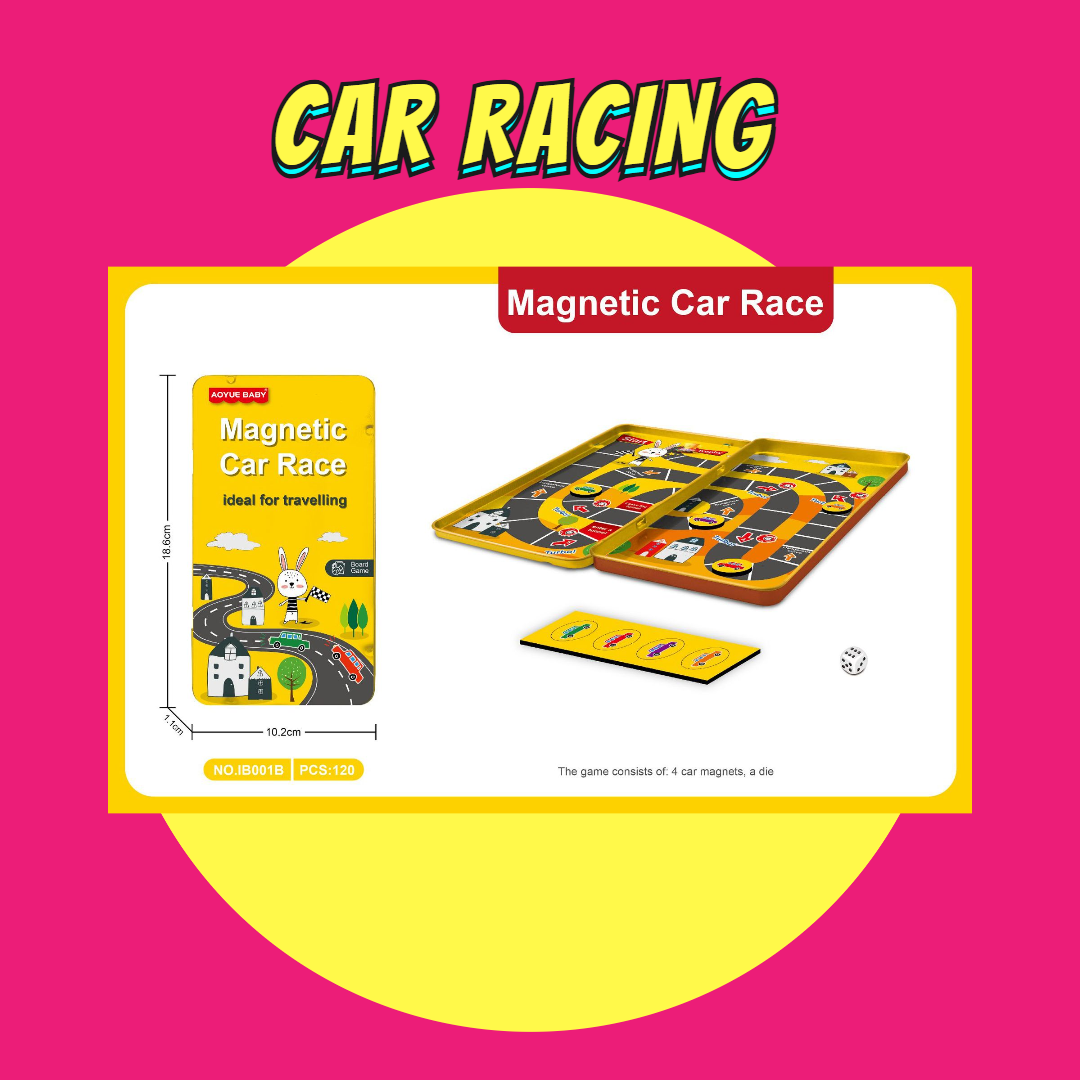 Magnetic board game set with colorful car racing design, ideal for kids' birthday goodie bags and travel.