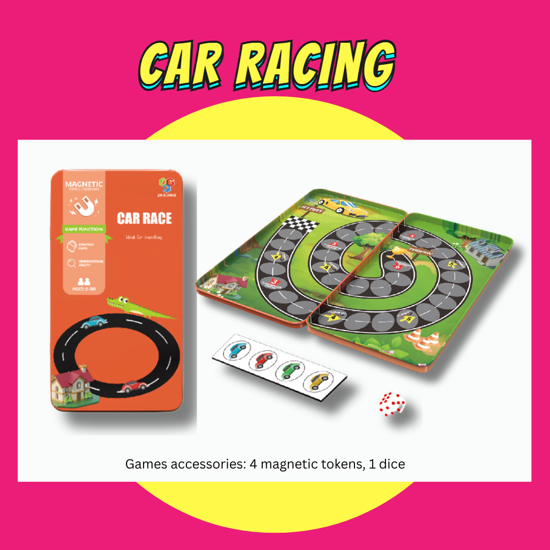 Magnetic travel board game set with car racing theme, 4 magnetic tokens, and dice for kids' birthday goodie bags.