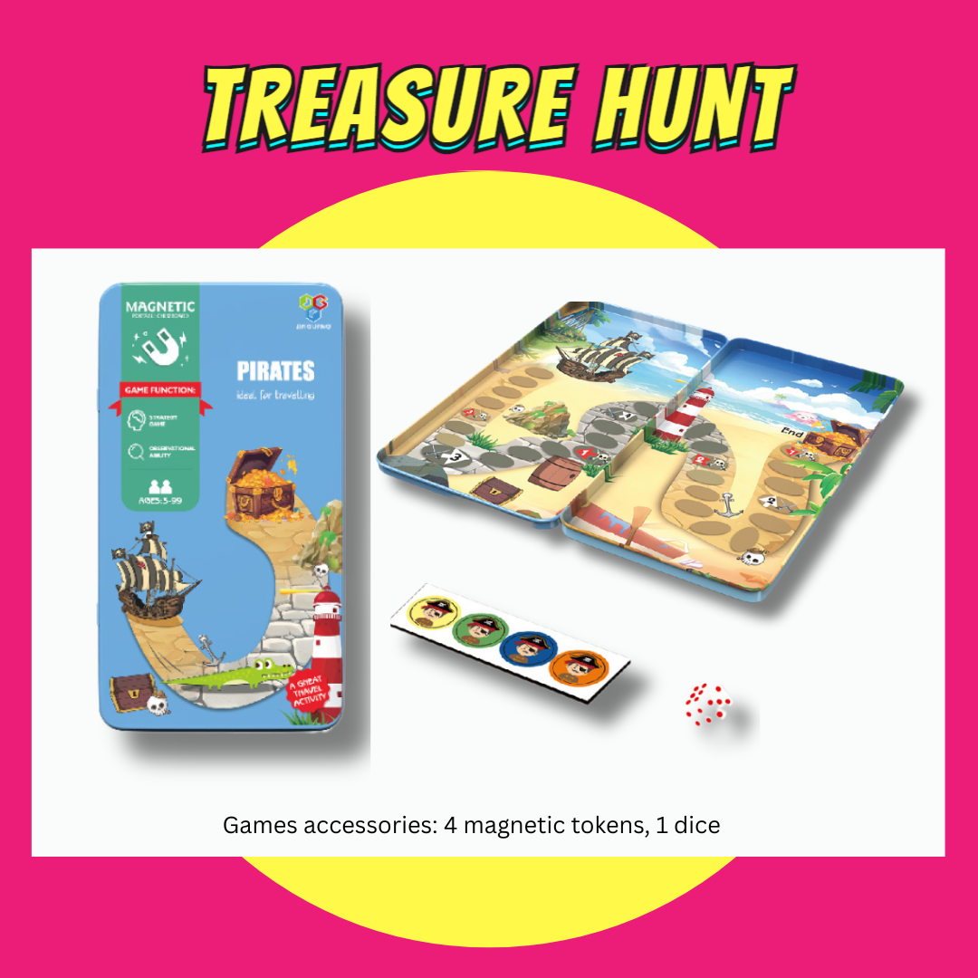 Magnetic travel board game set with pirate treasure hunt theme, including magnetic tokens and dice for kids' birthday party favors.