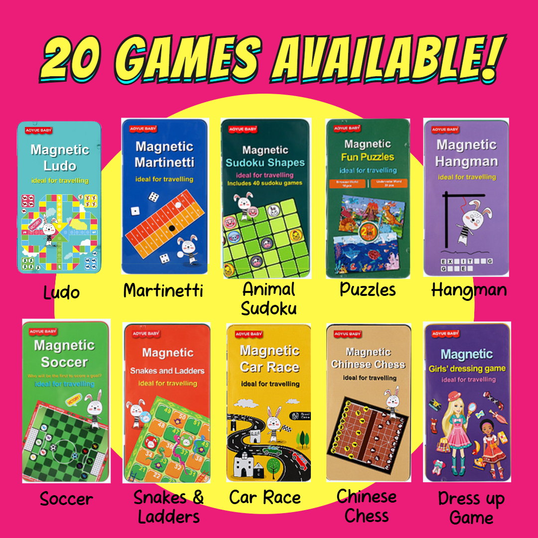 Magnetic board game set for kids with 20 travel-friendly games including Ludo, Hangman, and Snakes & Ladders, perfect for birthday goodie bags.